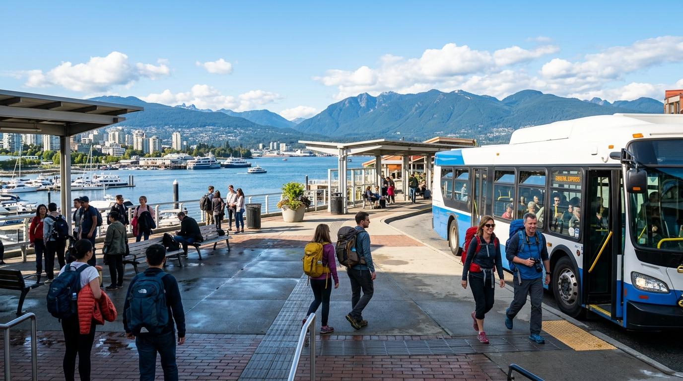 Bright vibrant photorealistic scene of an express bus arriving near a coastal city terminal, travelers with daypacks, mountains in the distance, no visible text