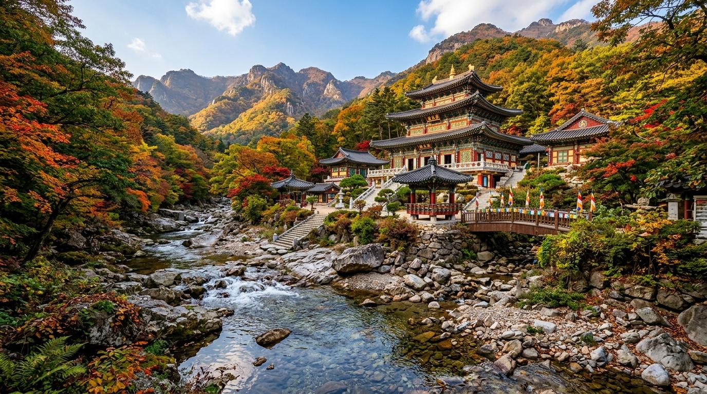 Bright vibrant photorealistic mountain temple beside a clear rocky stream in a quiet forest valley, soft afternoon light, colorful leaves, no visible text