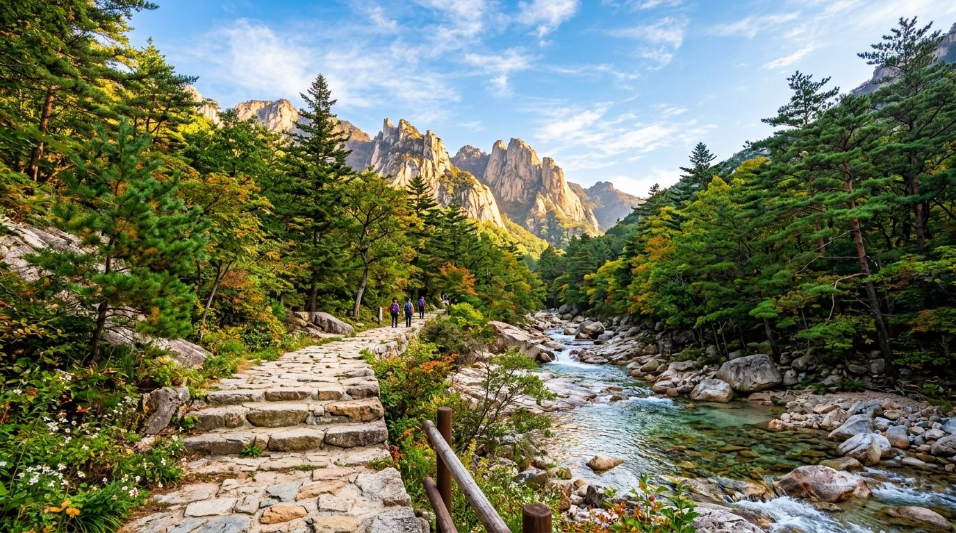 Bright vibrant photorealistic mountain trail in Seoraksan with clear stream water, stone paths, pine forest, and tall granite cliffs glowing in morning sunlight