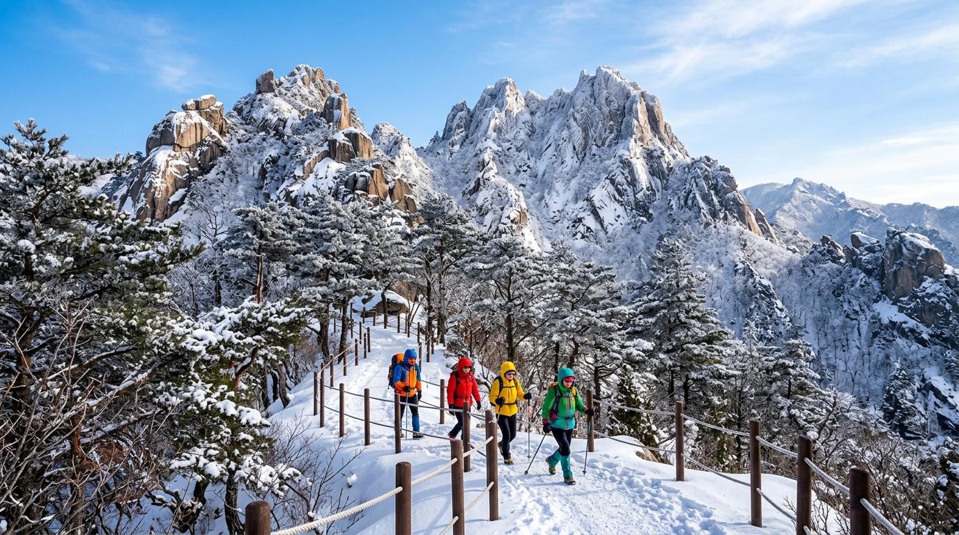 Bright vibrant photorealistic winter view of snow-covered granite peaks and pine trees in Seoraksan National Park, hikers wearing colorful jackets on a safe tra