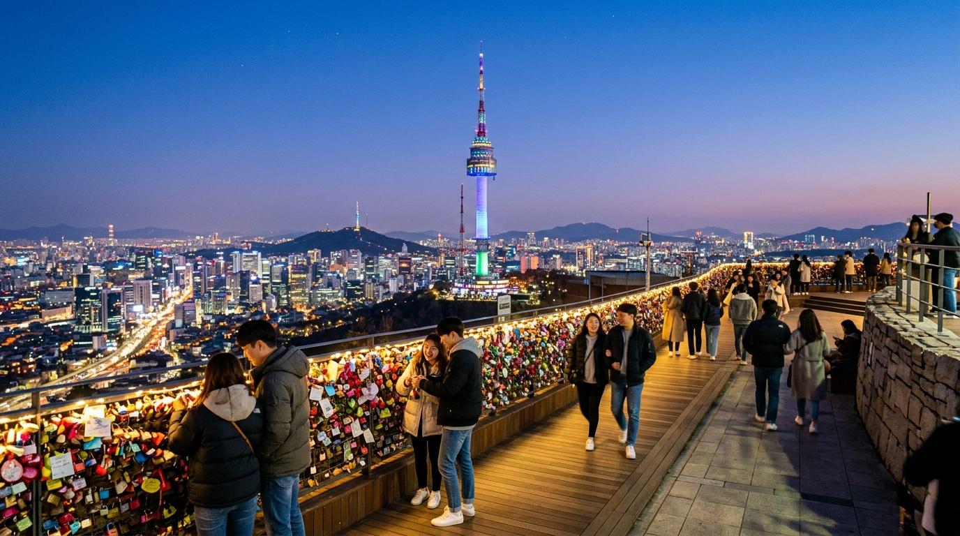 Photorealistic vibrant evening scene at N Seoul Tower, colorful city lights below, couples and friends walking near love lock railings, clear sky, no text