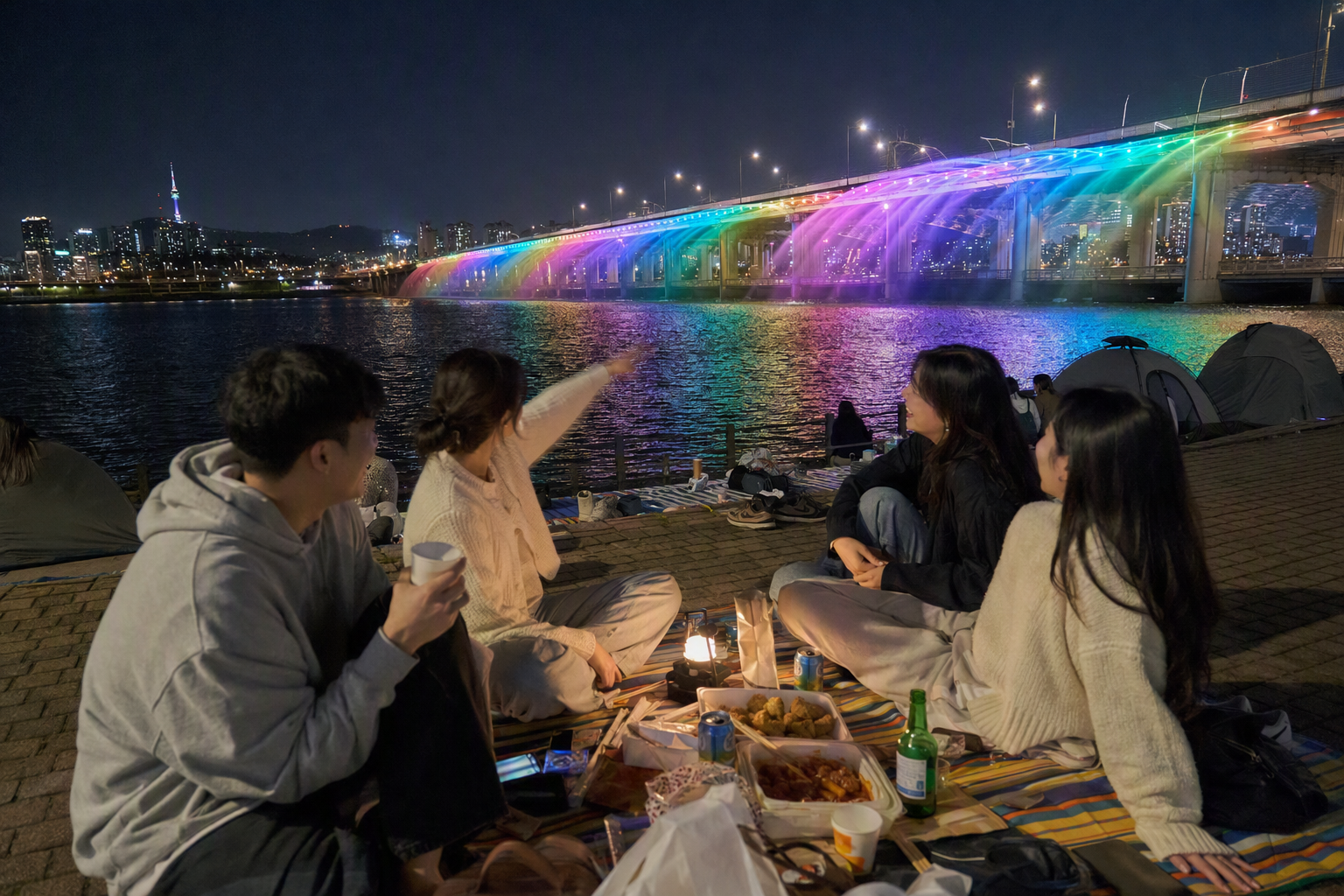 盤浦大橋的寫實夜景，彩虹噴泉燈光，河岸野餐墊，朋友欣賞水舞秀，無文字