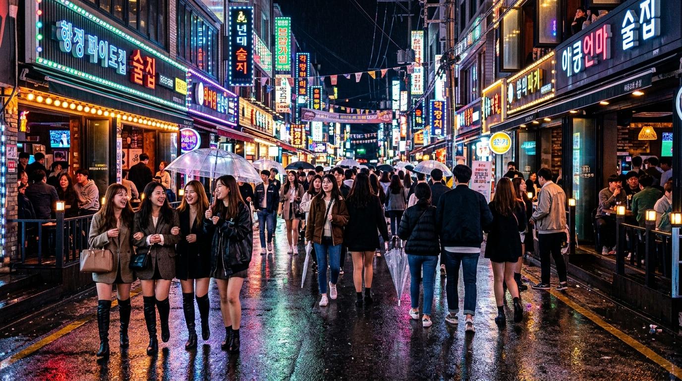 Vibrant photorealistic Seoul nightlife street with neon lights, stylish crowds, bars and clubs, rainy pavement reflections, energetic but safe atmosphere, no te