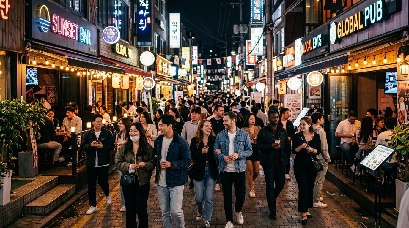 Photorealistic Itaewon night street with diverse international crowd, stylish bars, glowing signs without readable text, warm urban energy, no text