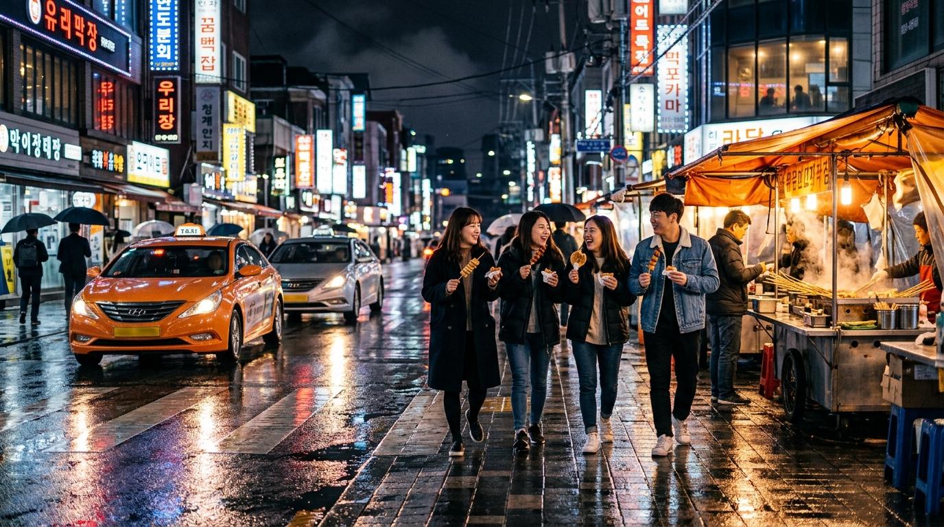 Photorealistic late-night Seoul street corner after rain, taxis, food stalls, friends walking with snacks, glowing city reflections, vibrant but calm mood, no t