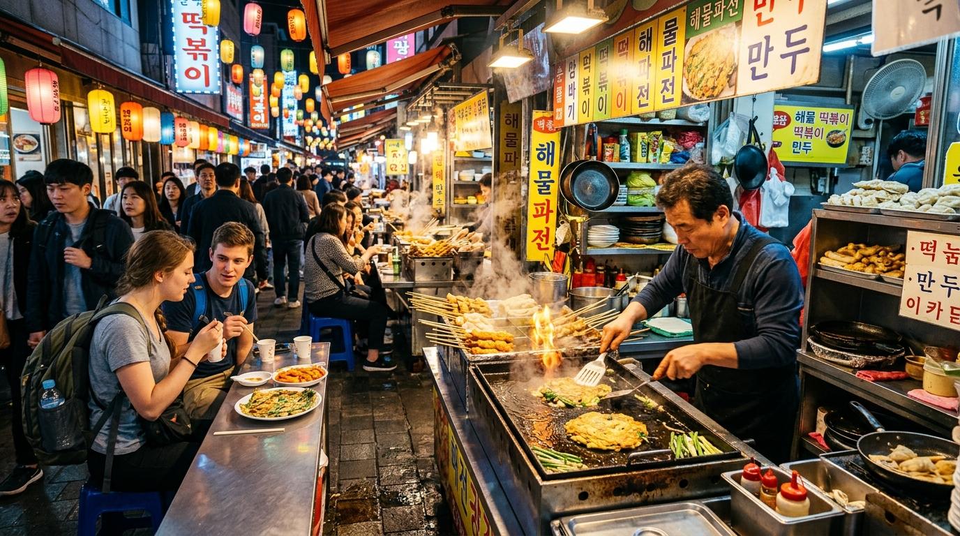 Bright photorealistic Korean night market food alley, sizzling pancakes, colorful stalls, steam, travelers eating at counters, lively atmosphere, no text