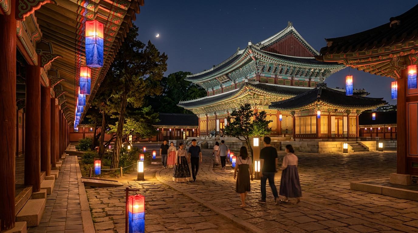 Photorealistic night scene of a Korean royal palace courtyard illuminated by warm lanterns, traditional architecture, visitors walking quietly, vivid colors, no