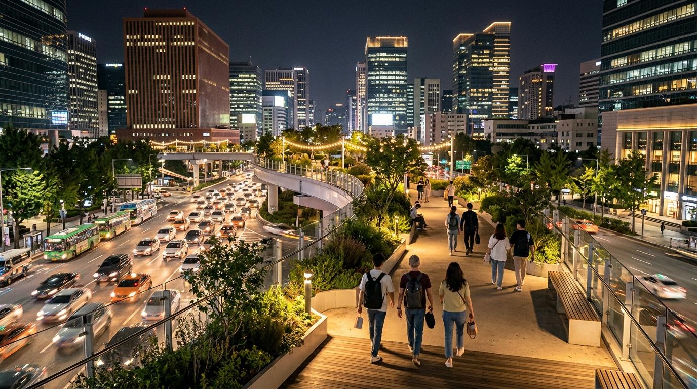 Bright photorealistic elevated night walkway in Seoul with gardens, city traffic below, warm lights, modern buildings, relaxed travelers, no text