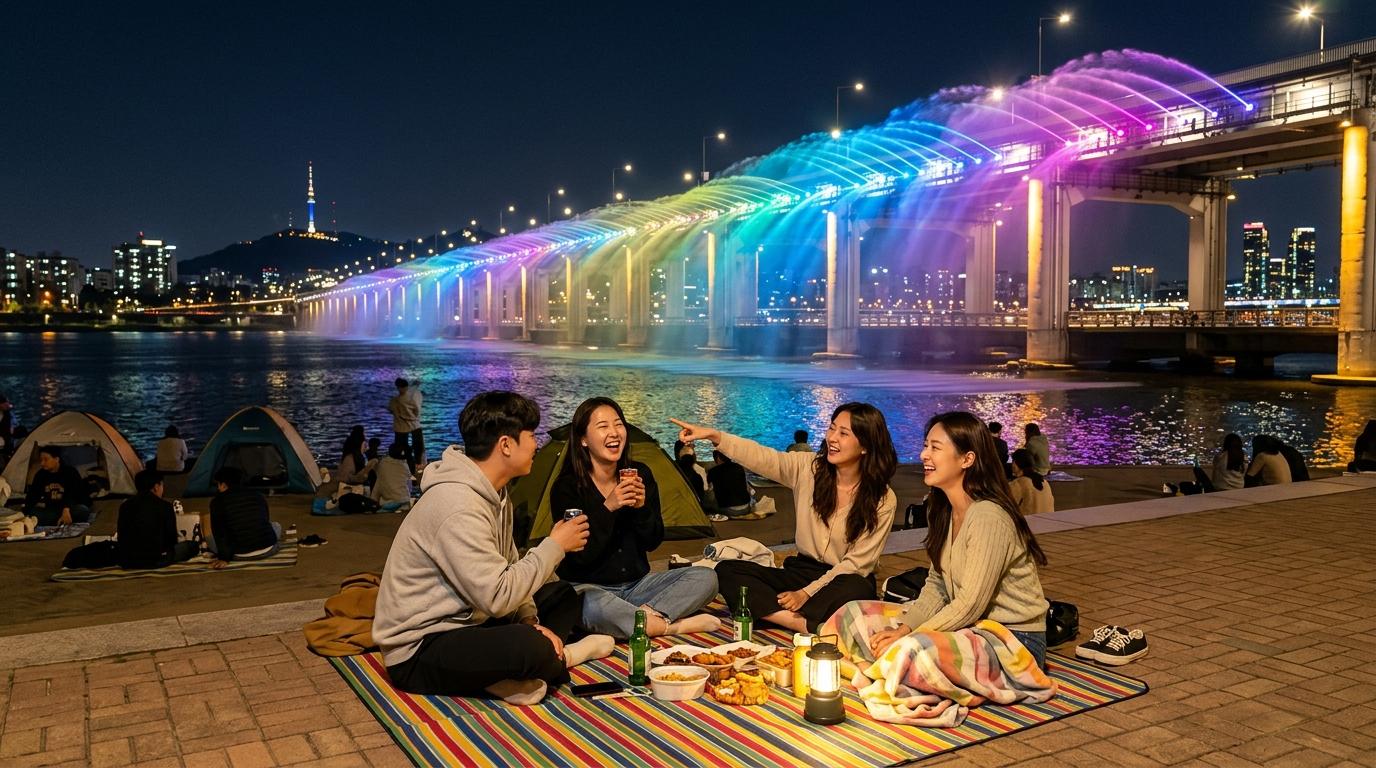 Vibrant photorealistic Han River night scene at Banpo Bridge, rainbow fountain lights, riverside picnic mats, friends watching the water show, no text
