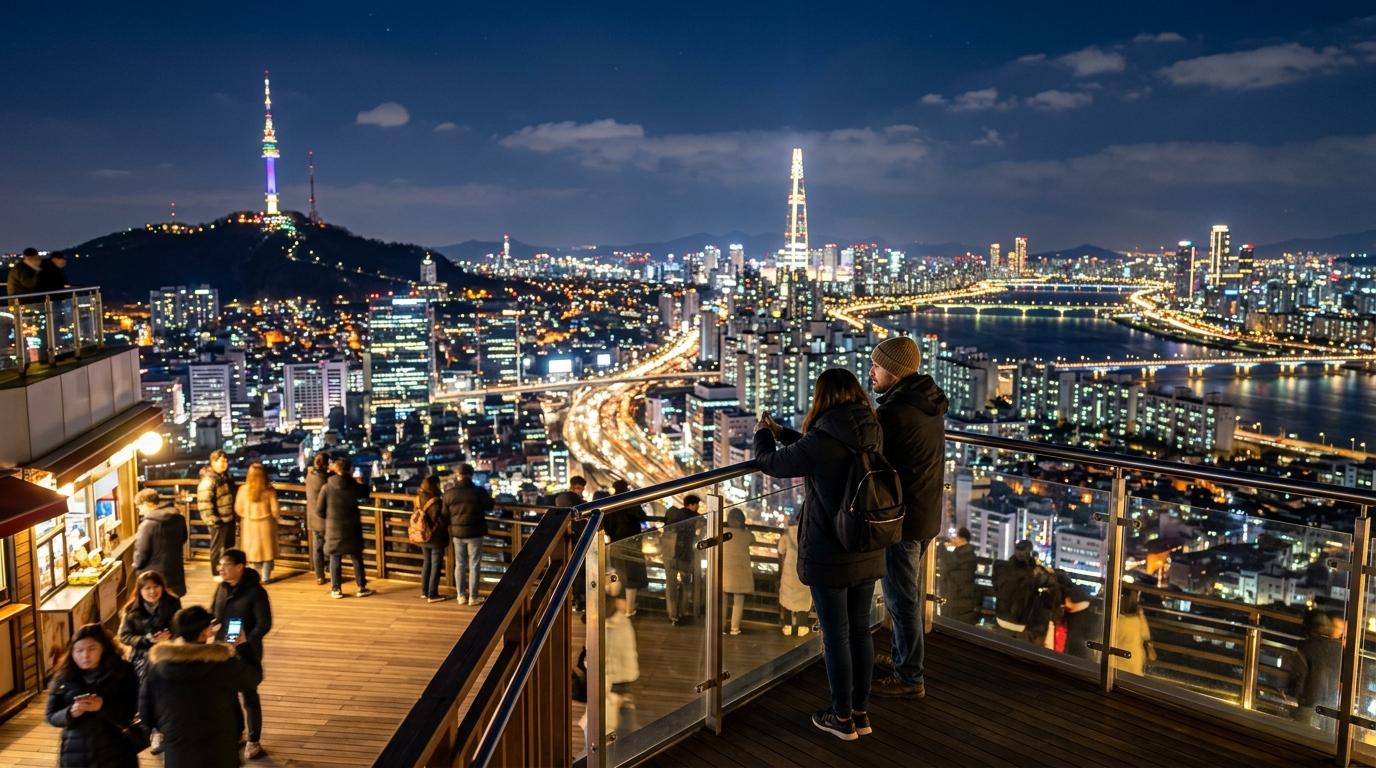 Bright photorealistic night view of Seoul skyline from Namsan, glowing towers, soft city lights, travelers looking out over the city, vibrant atmosphere, no tex