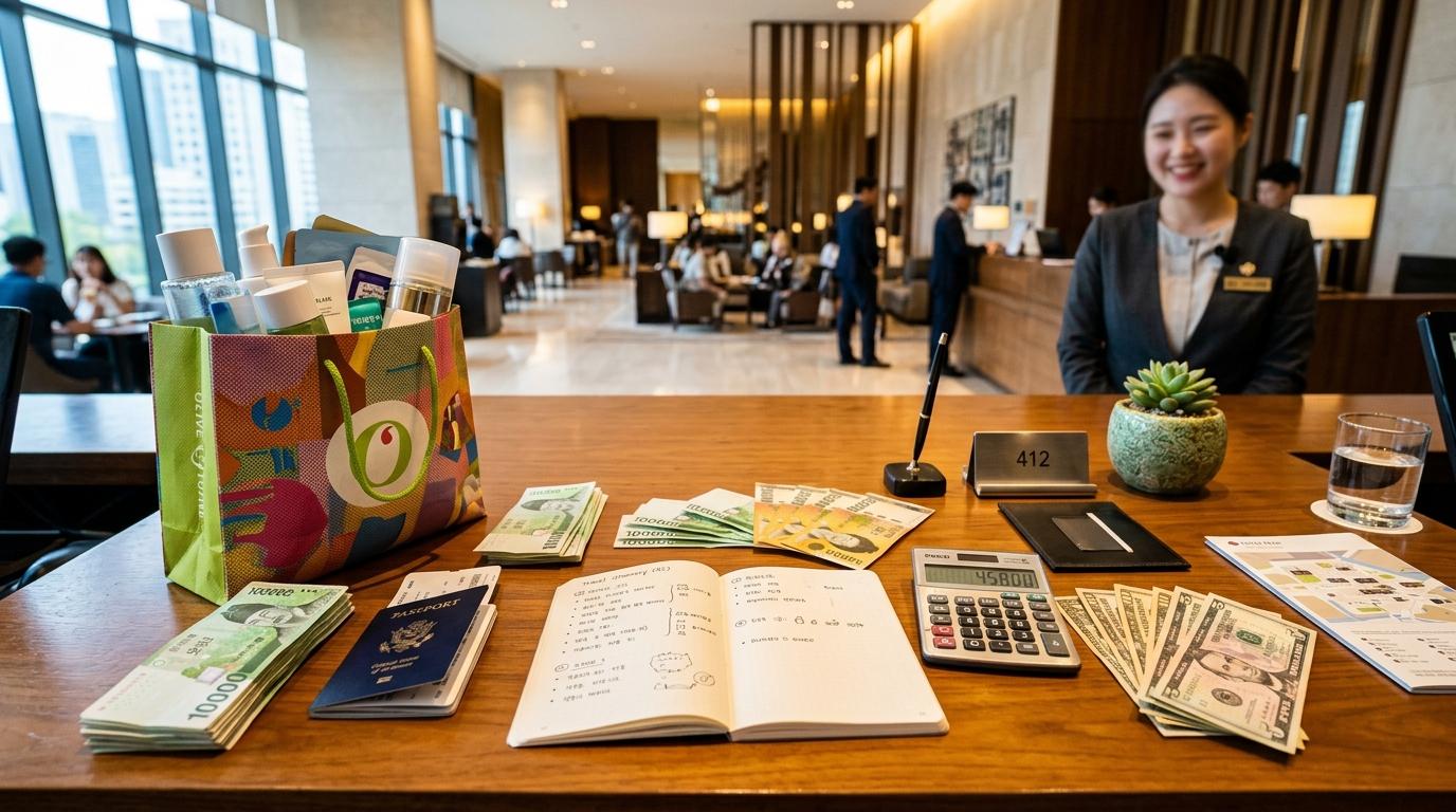 Bright vibrant photorealistic hotel desk scene with Korean won banknotes, US dollars, a small calculator, skincare shopping bag, and travel itinerary, no visibl