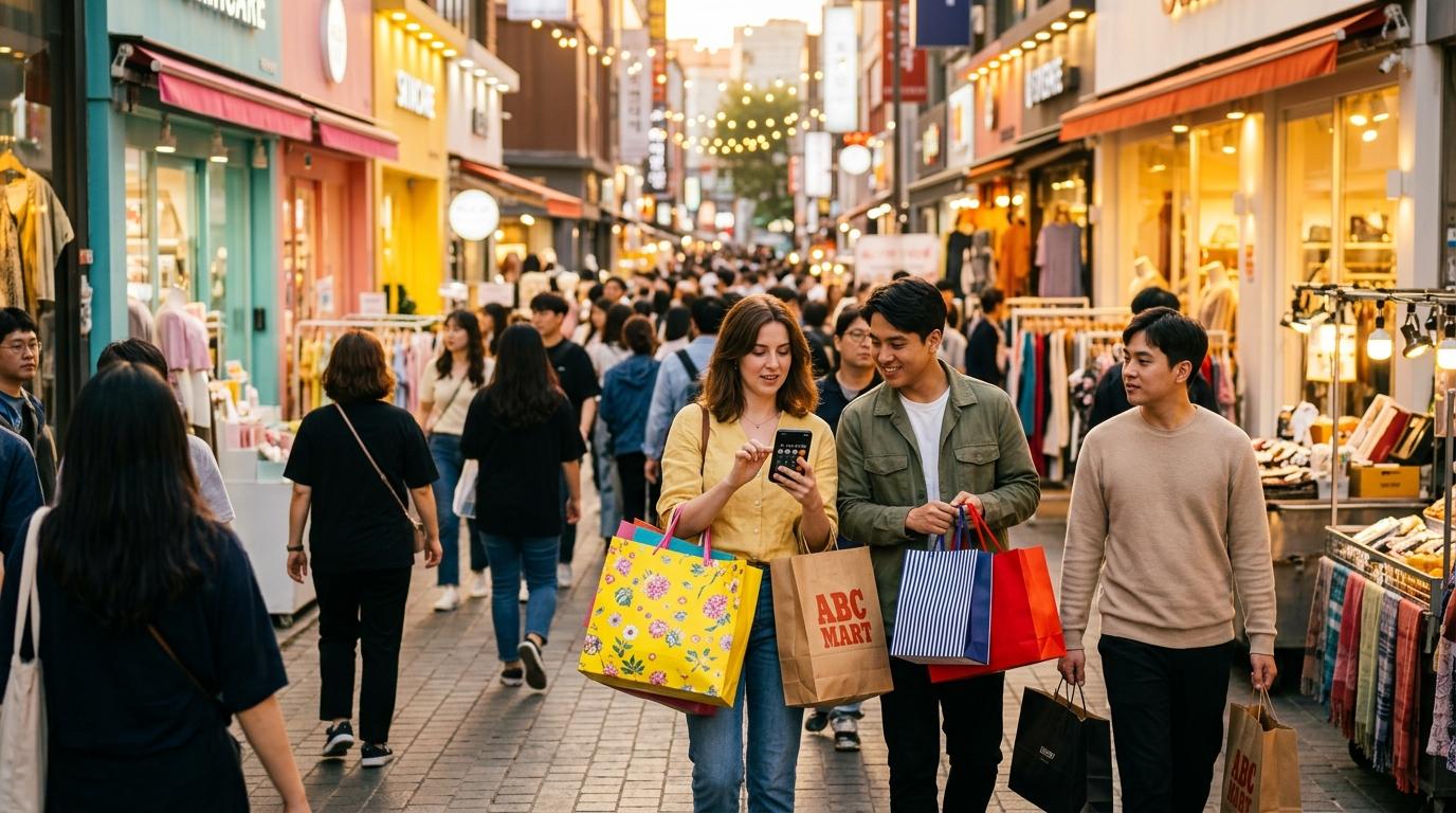 Bright vibrant photorealistic Seoul shopping street at golden hour with travelers holding shopping bags and checking a phone calculator, no visible text or sign