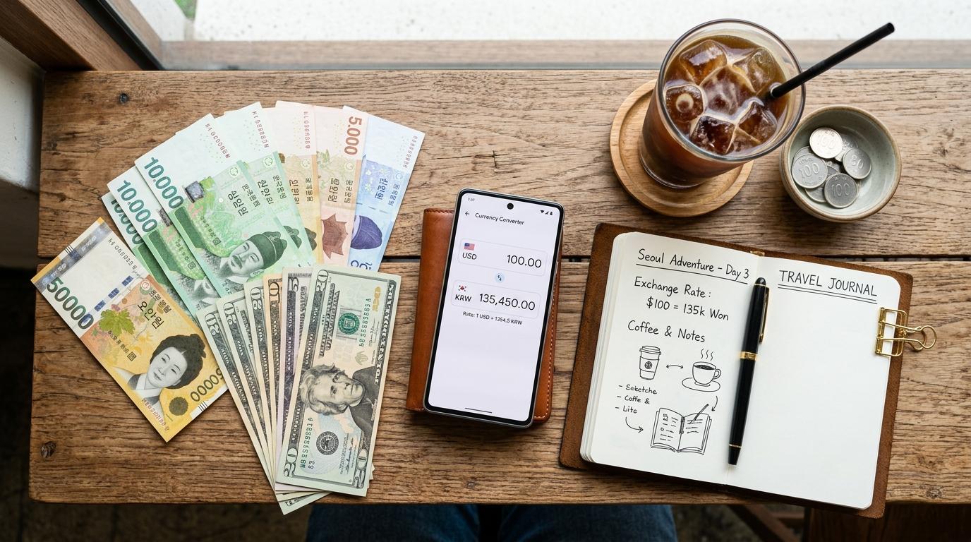 Bright vibrant photorealistic flat lay of Korean won banknotes, US dollar bills, a smartphone currency converter, iced coffee, and travel notebook on a clean ca