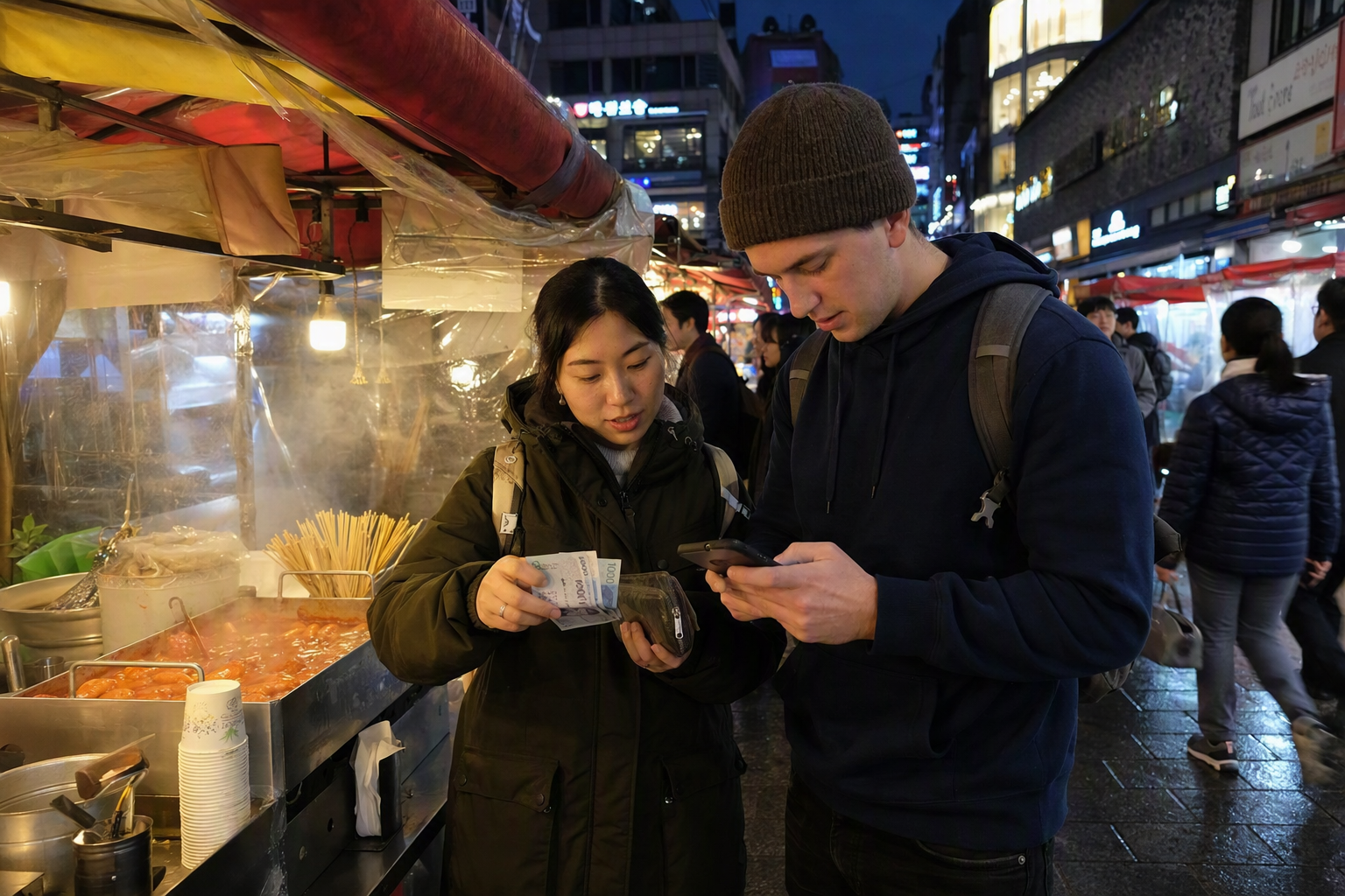 Bright vibrant photorealistic night city scene in Seoul with travelers looking at a wallet and phone near colorful food stalls, no visible text or signage, no K