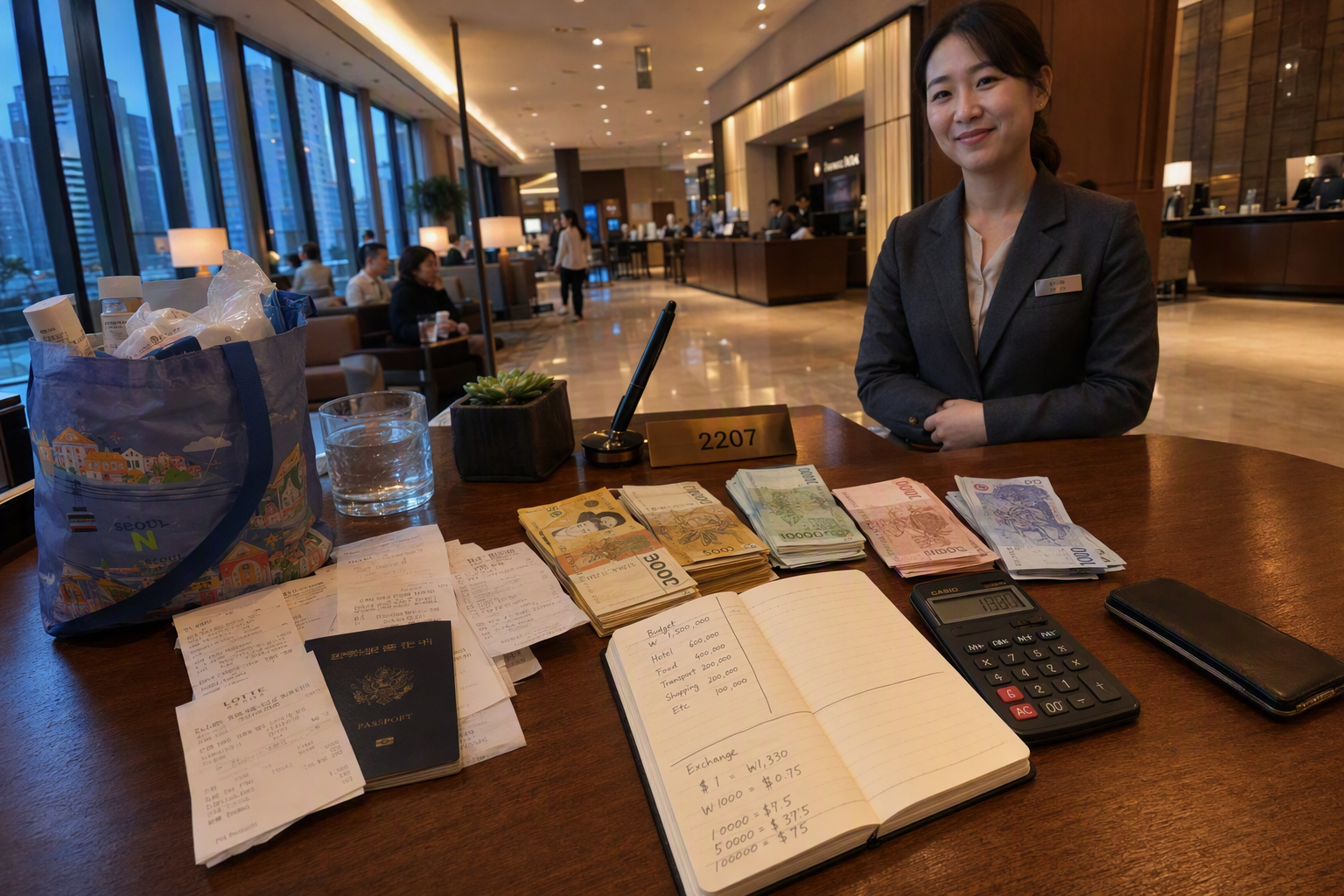 Bright vibrant photorealistic hotel desk scene with Korean won banknotes, US dollars, a small calculator, skincare shopping bag, and travel itinerary, no visibl