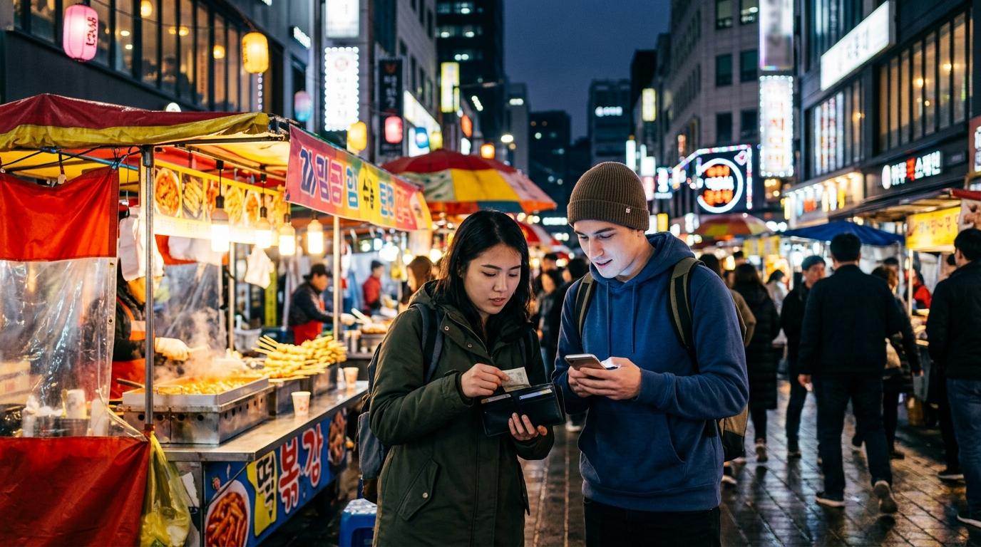 Bright vibrant photorealistic night city scene in Seoul with travelers looking at a wallet and phone near colorful food stalls, no visible text or signage, no K