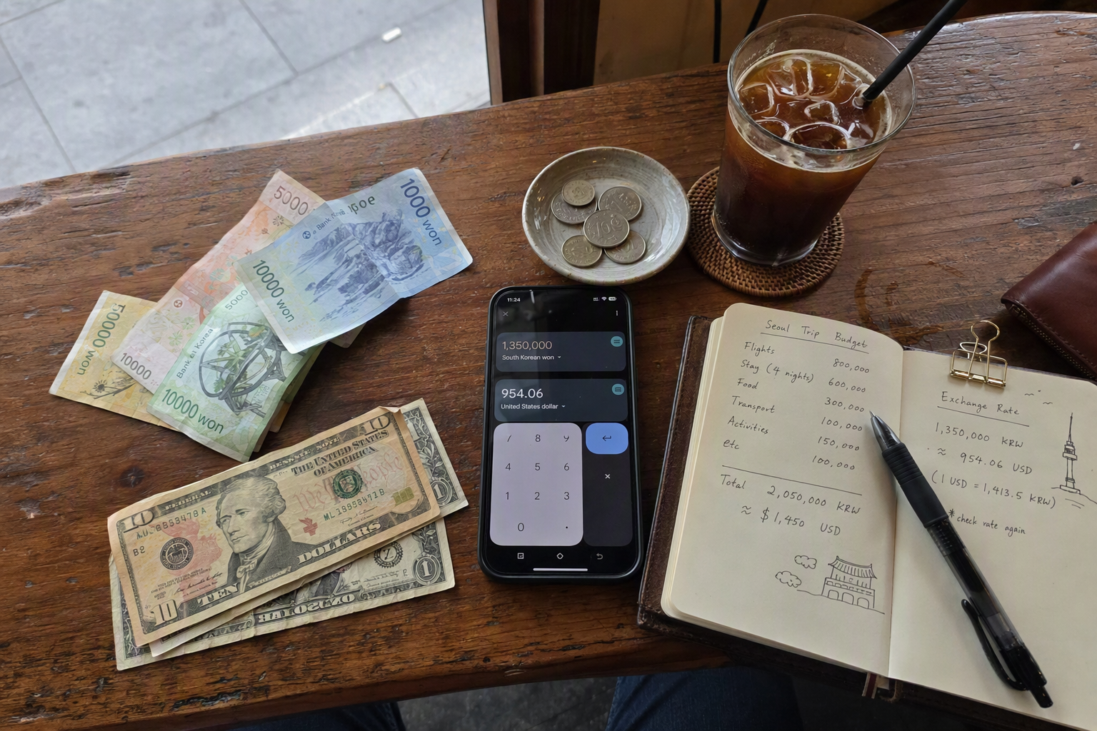 Bright vibrant photorealistic flat lay of Korean won banknotes, US dollar bills, a smartphone currency converter, iced coffee, and travel notebook on a clean ca