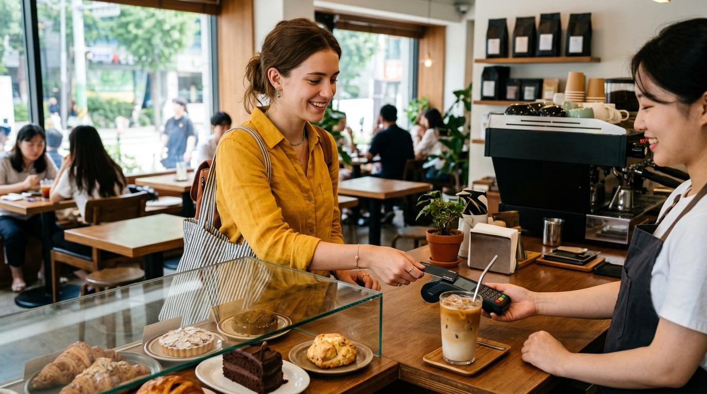 Bright vibrant photorealistic traveler paying by card at a stylish Seoul cafe counter with pastries and iced coffee, no visible text or signage, no Korean text