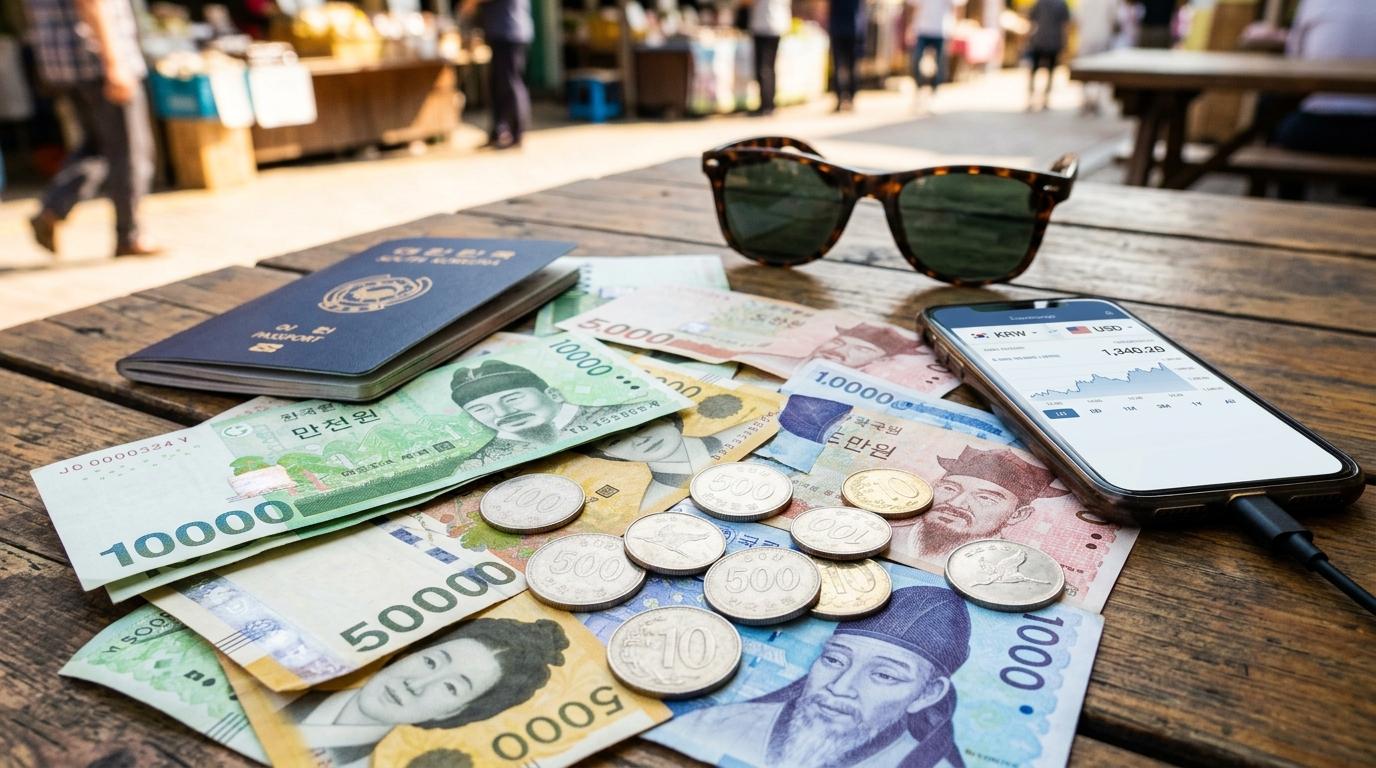 Bright vibrant photorealistic close-up of Korean won coins and banknotes beside a passport, sunglasses, and a phone showing a generic currency screen, no visibl