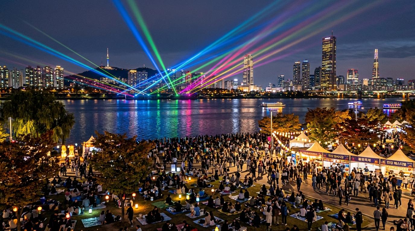 首爾漢江夜間節慶的明亮寫實景色，繽紛激光燈光、河邊草地上的人羣、城市天際線倒影、充滿活力的秋夜