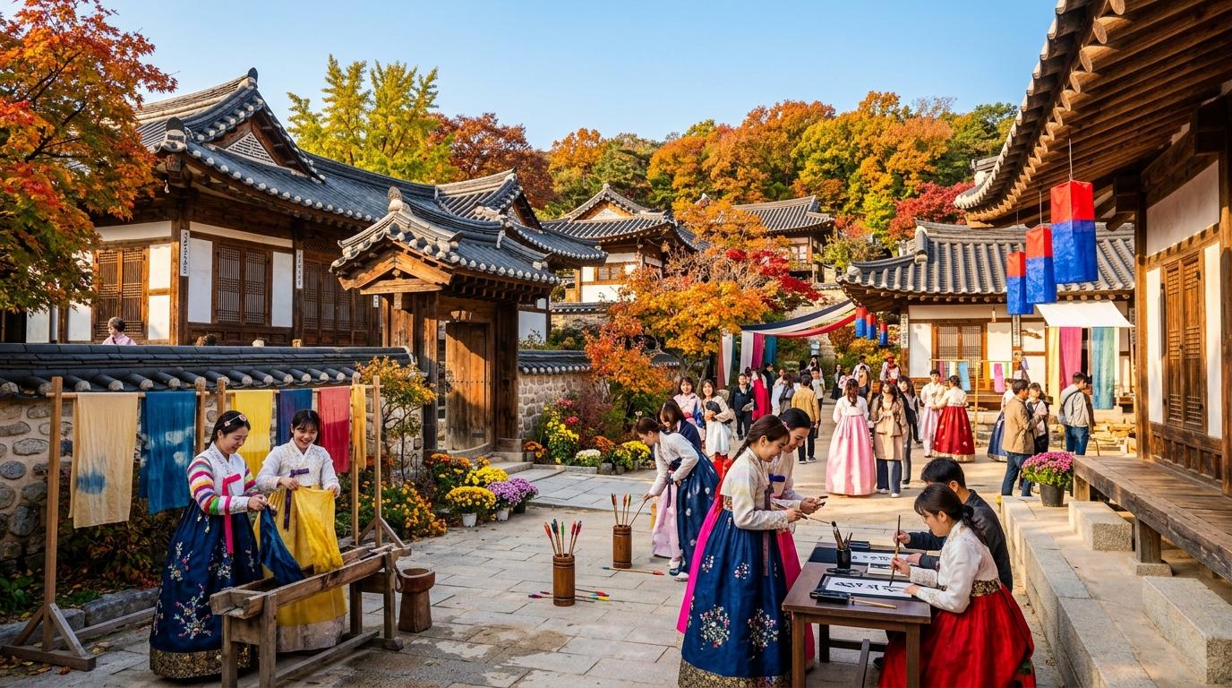 秋天首爾傳統韓屋村庭院的明亮寫實景色，遊客體驗文化活動、繽紛裝飾、温暖的 10 月陽光