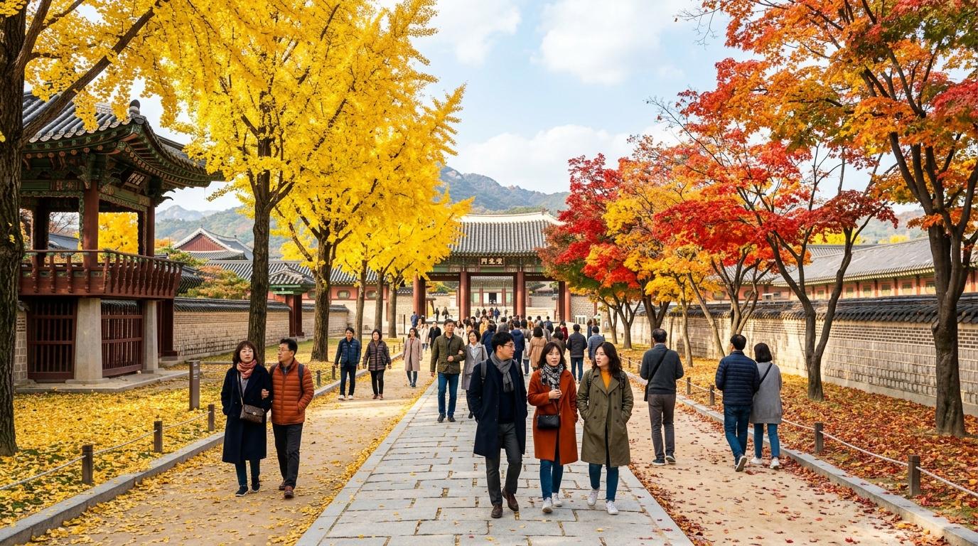 10月下旬首爾宮殿步道嘅明亮寫實畫面，黃澄澄銀杏葉、紅楓、著住秋裝外套嘅遊客、典雅傳統建築