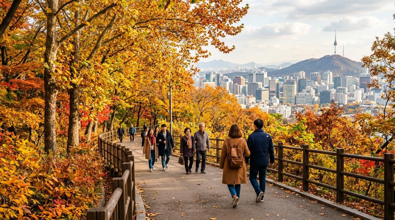 首爾南山秋日步道的明亮寫實景色，兩旁金黃色懸鈴木、柔和陽光、遠處首爾天際線、旅客悠閒漫步
