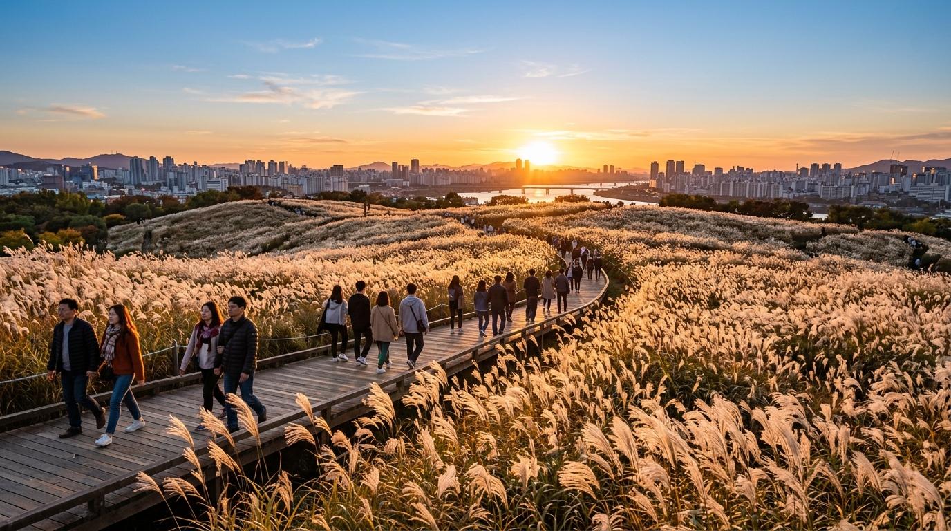 首爾天空公園日落時分的明亮寫實景色，廣闊芒草田、温暖金色光線、遊客走在木棧道上、清澈秋日天空