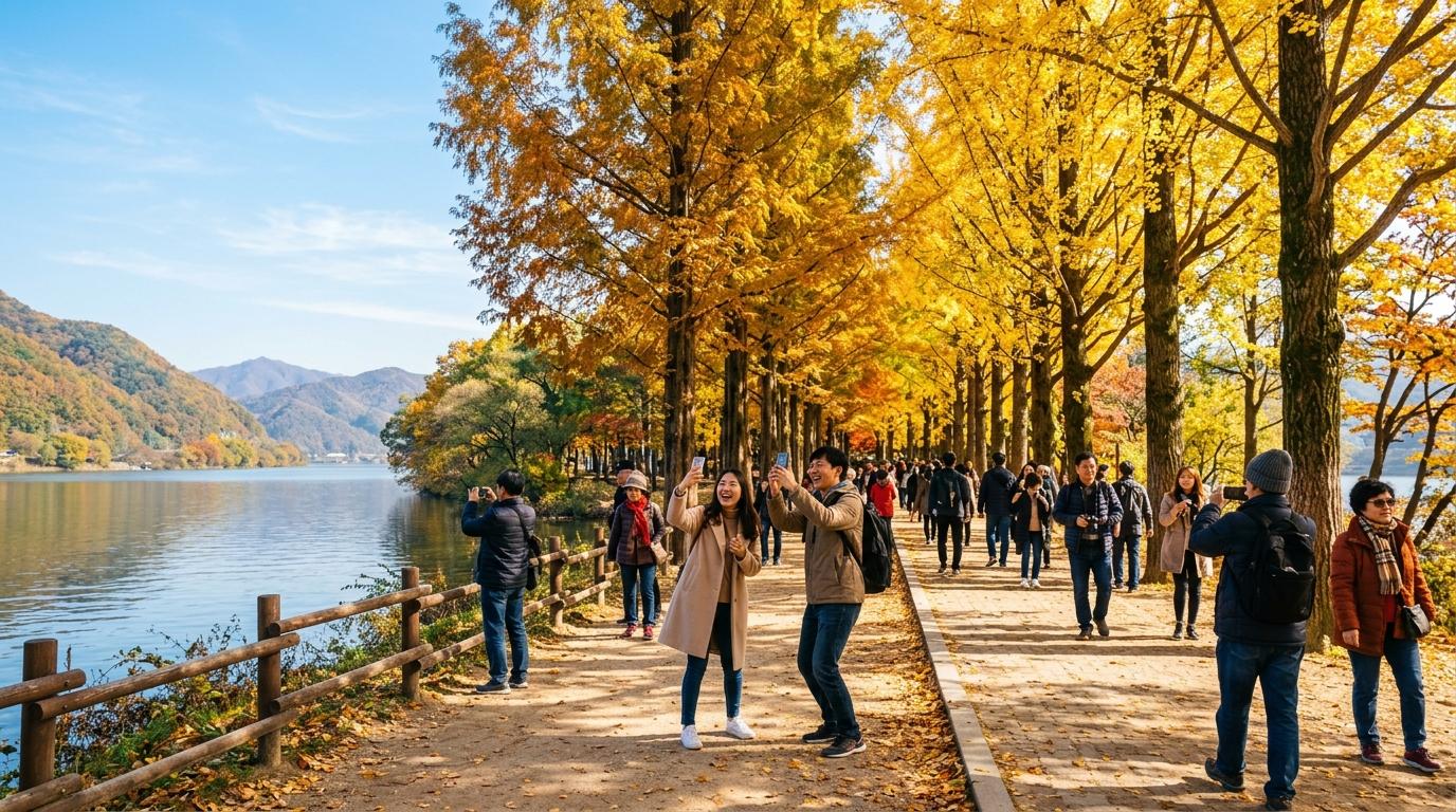 首爾近郊秋日一日遊場景，樹蔭小島步道兩旁金黃落葉，水面平靜，旅客影相留念，天空清澈鮮明