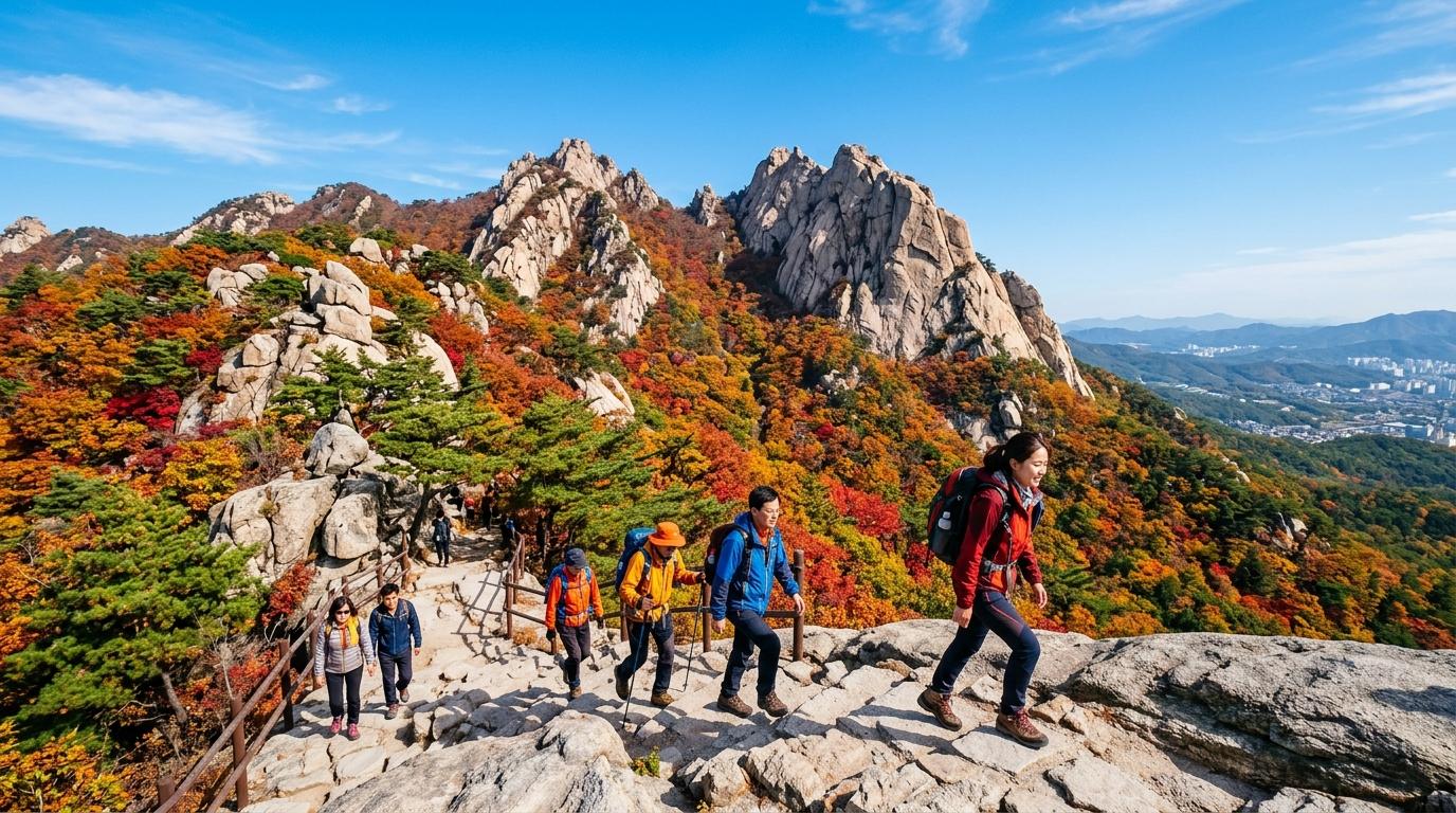 10 月北漢山國立公園的明亮寫實景色，巖石山峯、紅金色秋葉、穿著分層外套的登山客、清澈藍色首爾秋天空
