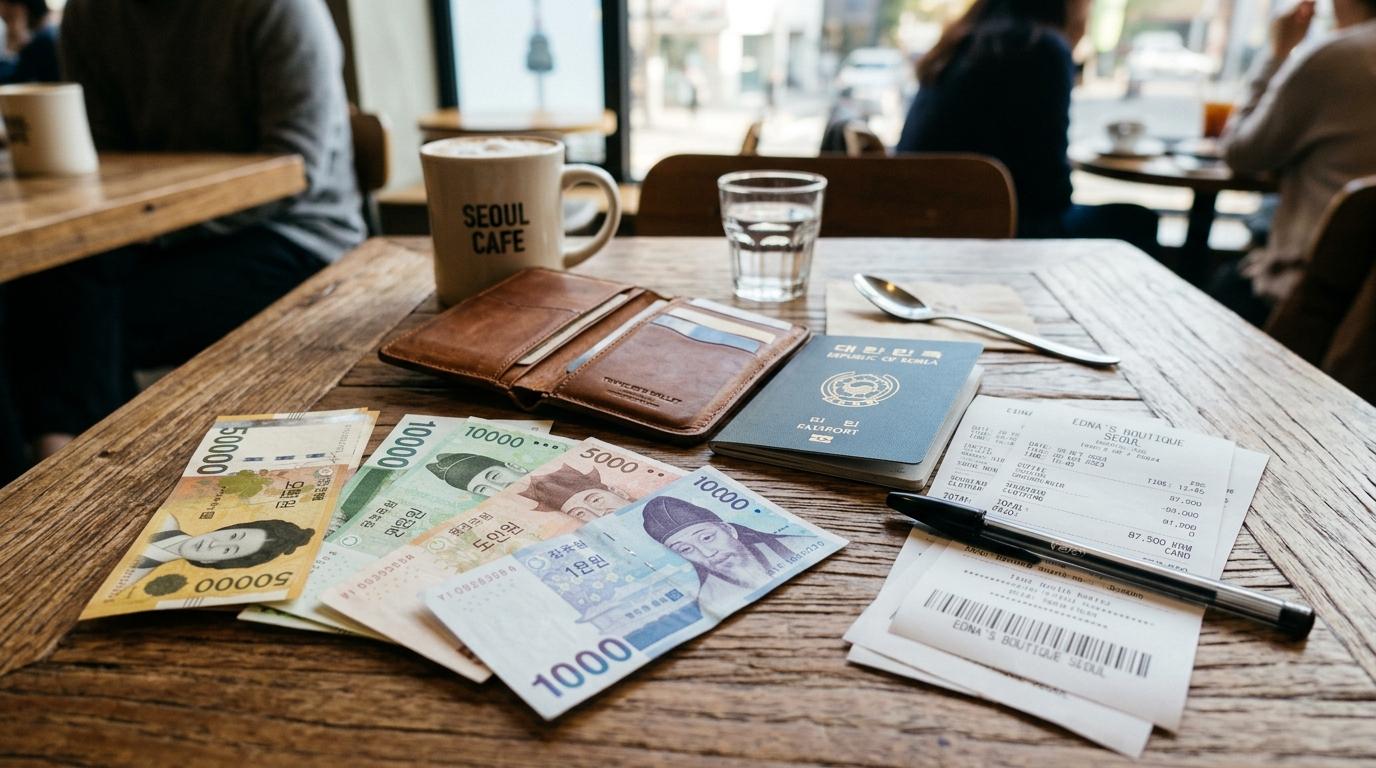 ソウルのカフェのテーブルに置かれた、韓国ウォン紙幣、トラベルウォレット、パスポート、買い物のレシートの明るいフォトリアルなクローズアップ（韓国語の文字なし）