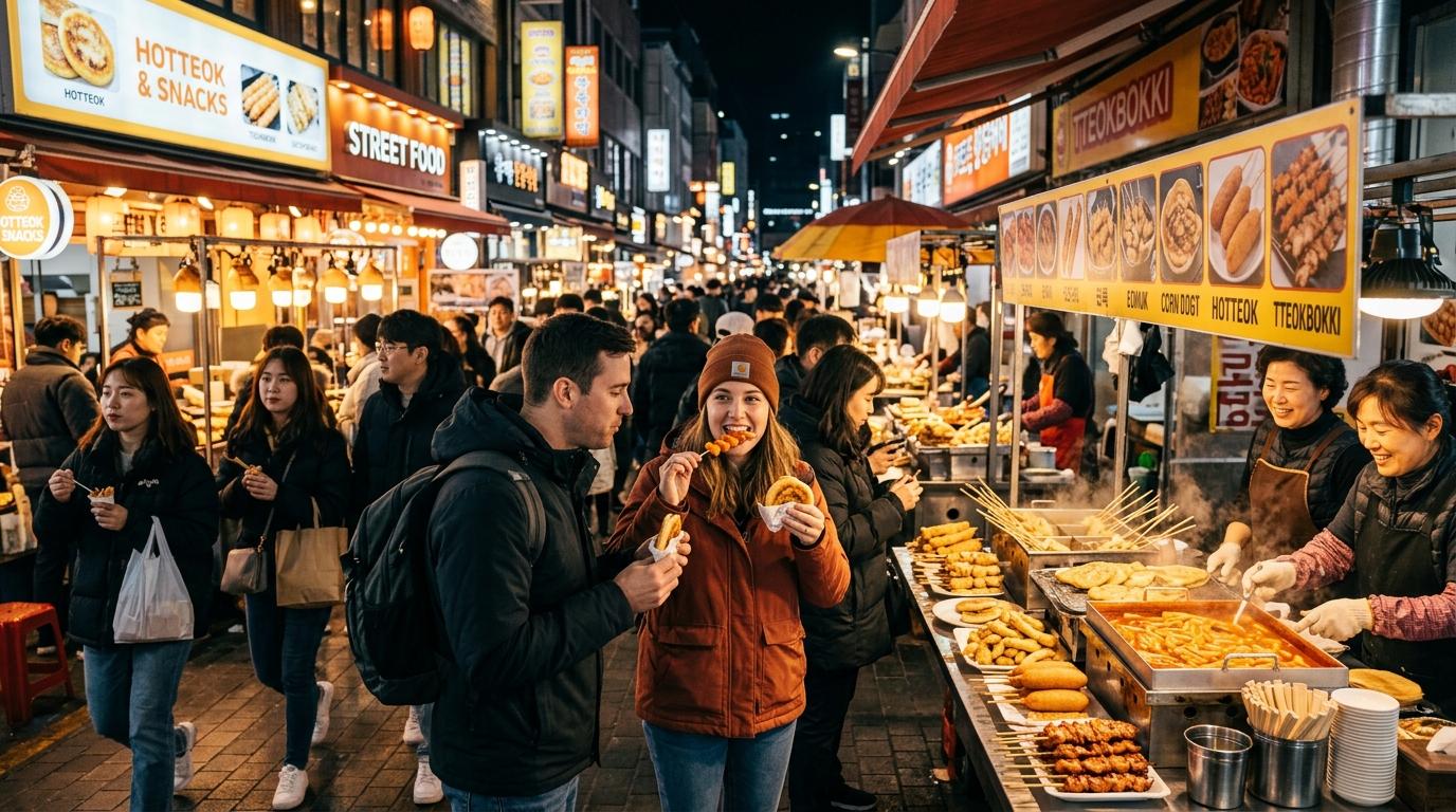温かいライトの下で、ホットク、トッポッキ、韓国風コーンドッグ、串焼きなどの明洞の屋台フードを楽しむ旅行者がいる、明るくフォトリアルな夜の景色