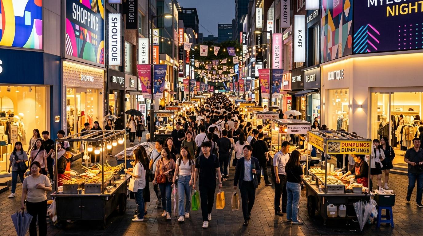 ソウルの明洞ショッピングストリートの、カラフルな店先と旅行者の人混み、屋台、街の光が映える明るいフォトリアルな夕景