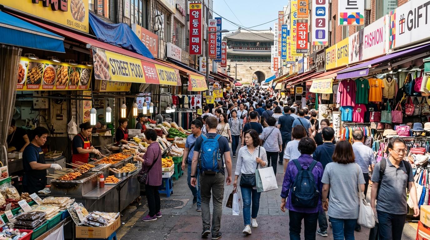 明洞近くの南大門市場の、明るい日中のフォトリアルな風景。にぎやかな路地、屋台、小さなお店、歩く旅行者が写っており、韓国語の文字はない