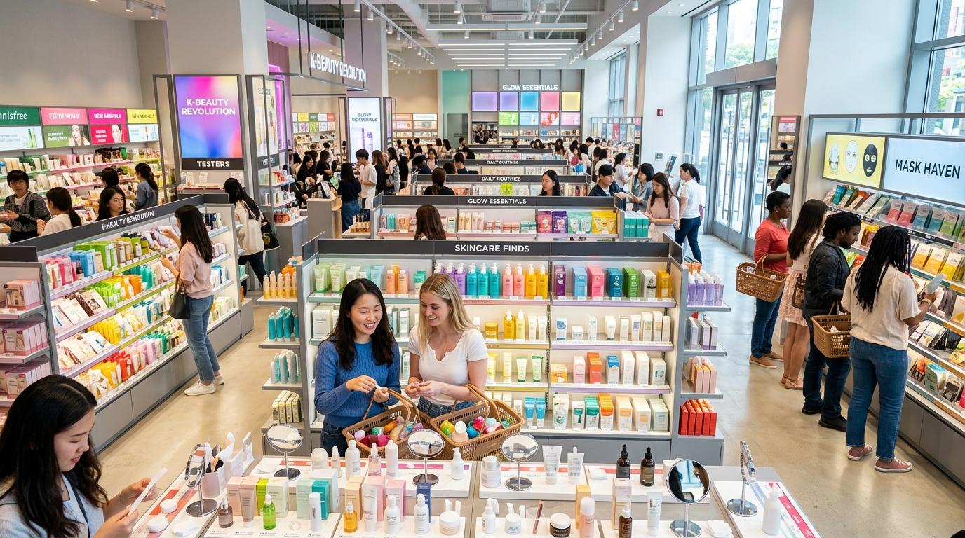 カラフルなスキンケア棚、テスター、買い物かごが並ぶ大型のソウルの韓国ドラマショップの明るい写実的な店内、各国の買い物客が商品を見ている、韓国語の文字なし