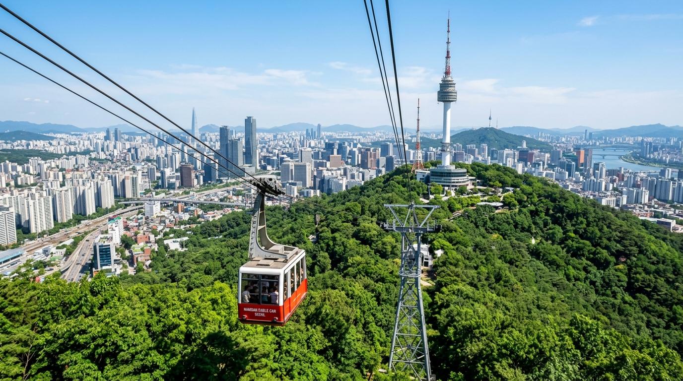 澄んだ空の下、ソウルの街並みと緑の木々を背景に、丘の上のNソウルタワーへ向かって上っていく南山ケーブルカーの明るいフォトリアルな眺め（韓国語テキストなし）