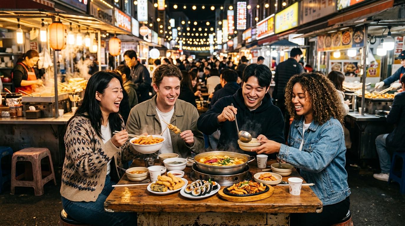 明亮鮮活、寫實風格的首爾夜晚美食場景，朋友一起分享小吃與湯品，市場燈光，溫暖熱鬧的旅行氛圍，無可見文字