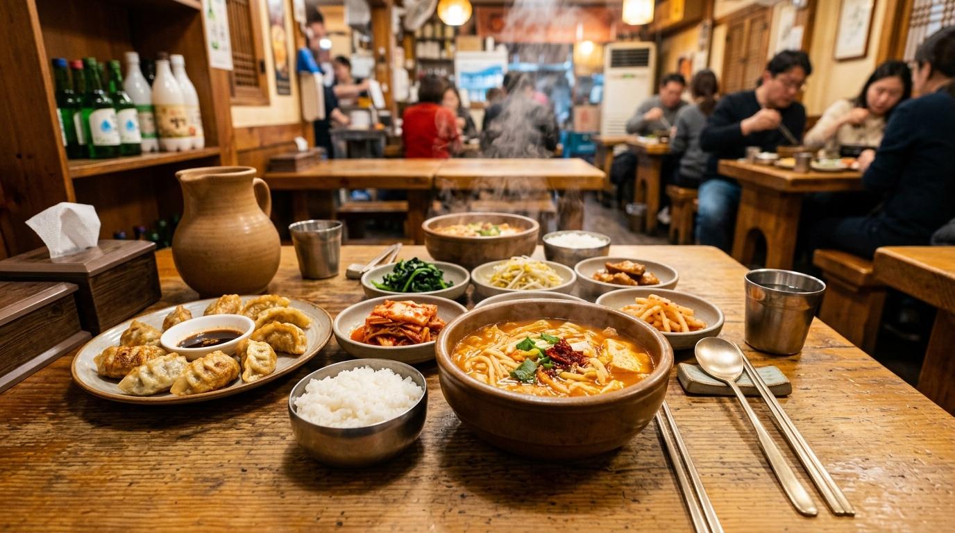 明亮鮮豔、寫實風格的首爾餐廳餐桌，上有冒著熱氣的麵湯、餃子、泡菜、白飯、黃銅湯匙，暖色燈光，無可見文字