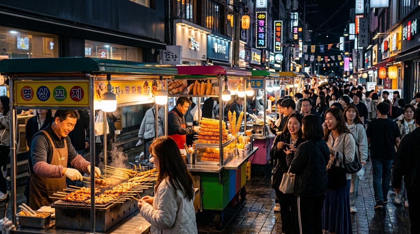 明亮又充滿活力的寫實風明洞夜市，有彩色小吃攤車、發光的店面、串燒與旋風馬鈴薯，畫面中無可見文字