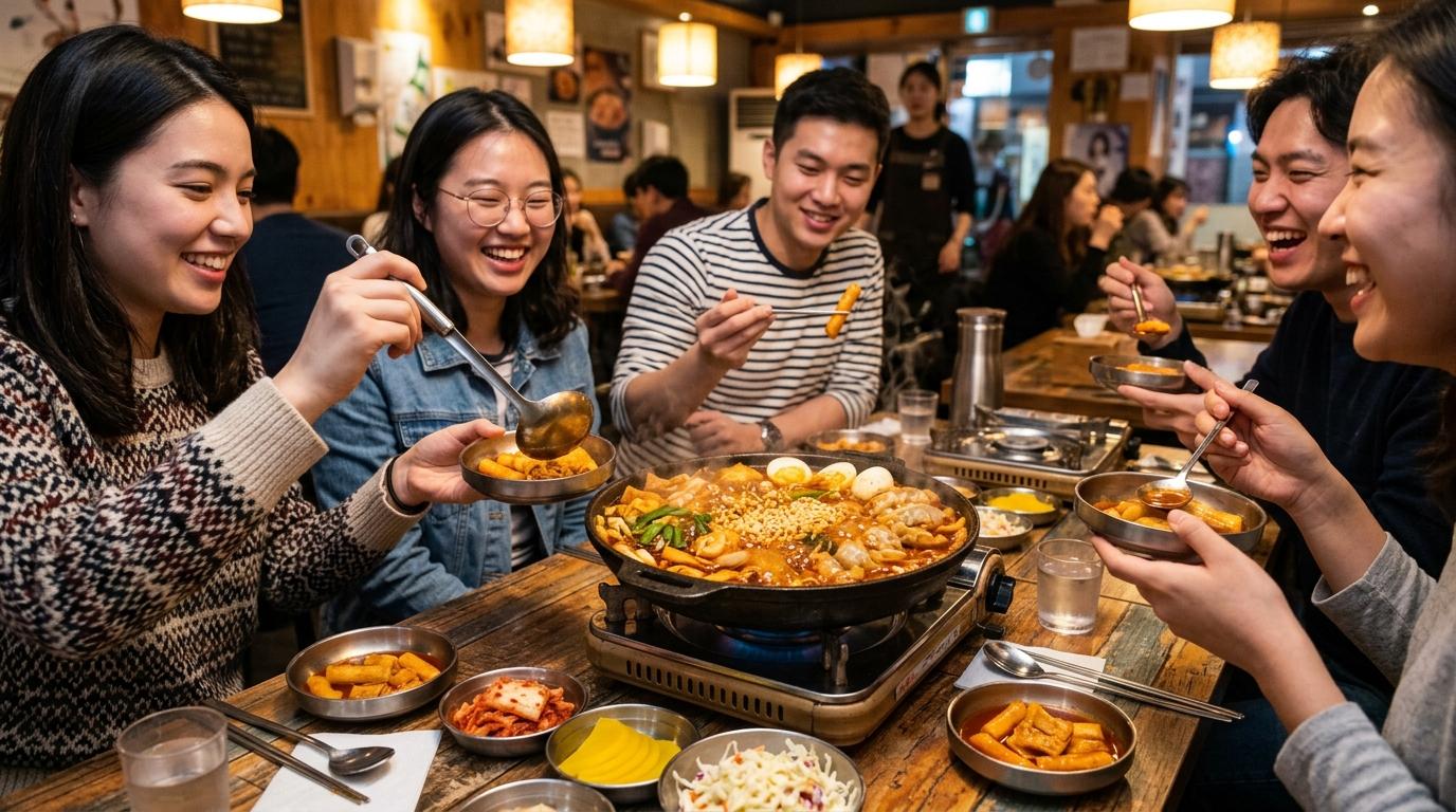 色彩明亮、鮮活的寫實韓式辣炒年糕火鍋，在桌上咕嘟冒泡，朋友一起分享，溫暖隨性的餐廳燈光，無可見文字
