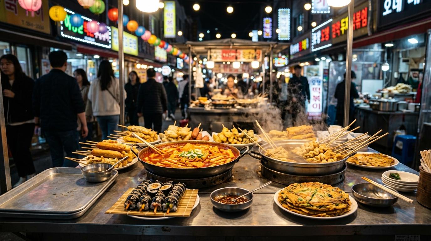 明亮鮮豔、寫實風格的首爾街頭美食拼盤，有辣炒年糕、串燒、煎餅、紫菜飯捲、冒著熱氣的湯品，霓虹市場燈光，畫面中沒有可見文字