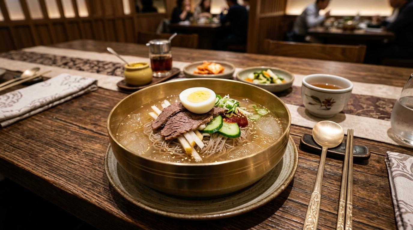 色彩明亮、質感寫實的韓式冷麵，配有牛肉片、清澈高湯、黃銅筷子，擺在優雅的餐廳桌面上，無可見文字