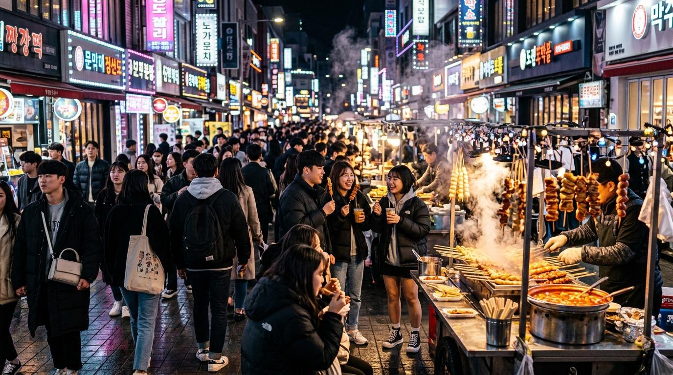 明亮鮮活、寫實風格的弘大深夜街頭，有年輕人潮、小吃推車、串燒、蒸氣與霓虹燈，畫面中沒有可見文字