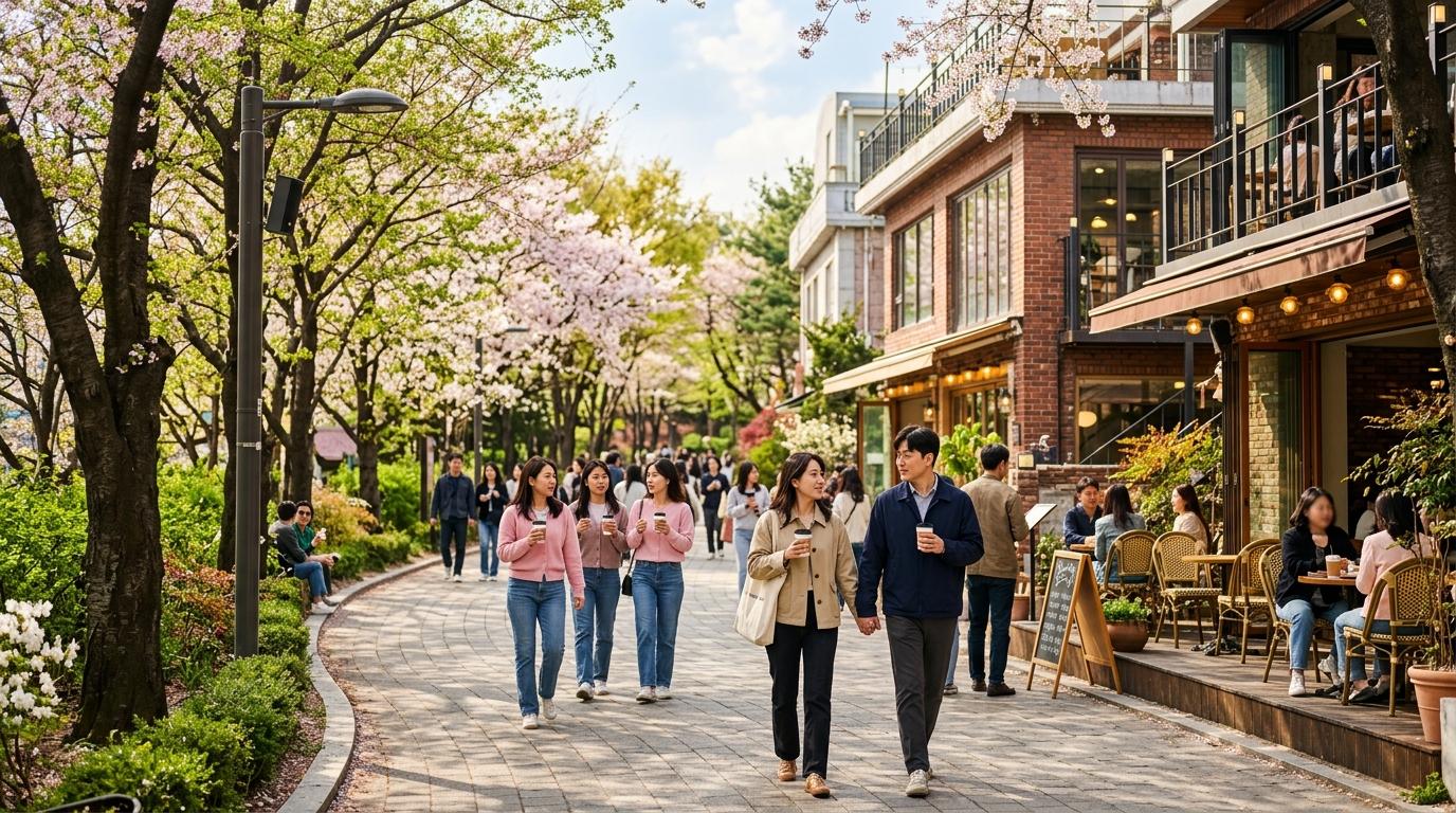 明亮鮮活、寫實的延南洞公園步道與咖啡廳，春日樹木，人們拿著咖啡散步，悠閒午後氛圍，無可見文字