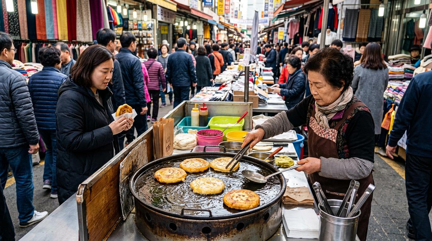 明亮繽紛、寫實風格的南大門市場小吃攤，鐵板上煎著金黃的韓式糖餅，白天巷弄人潮忙碌，畫面中無可見文字