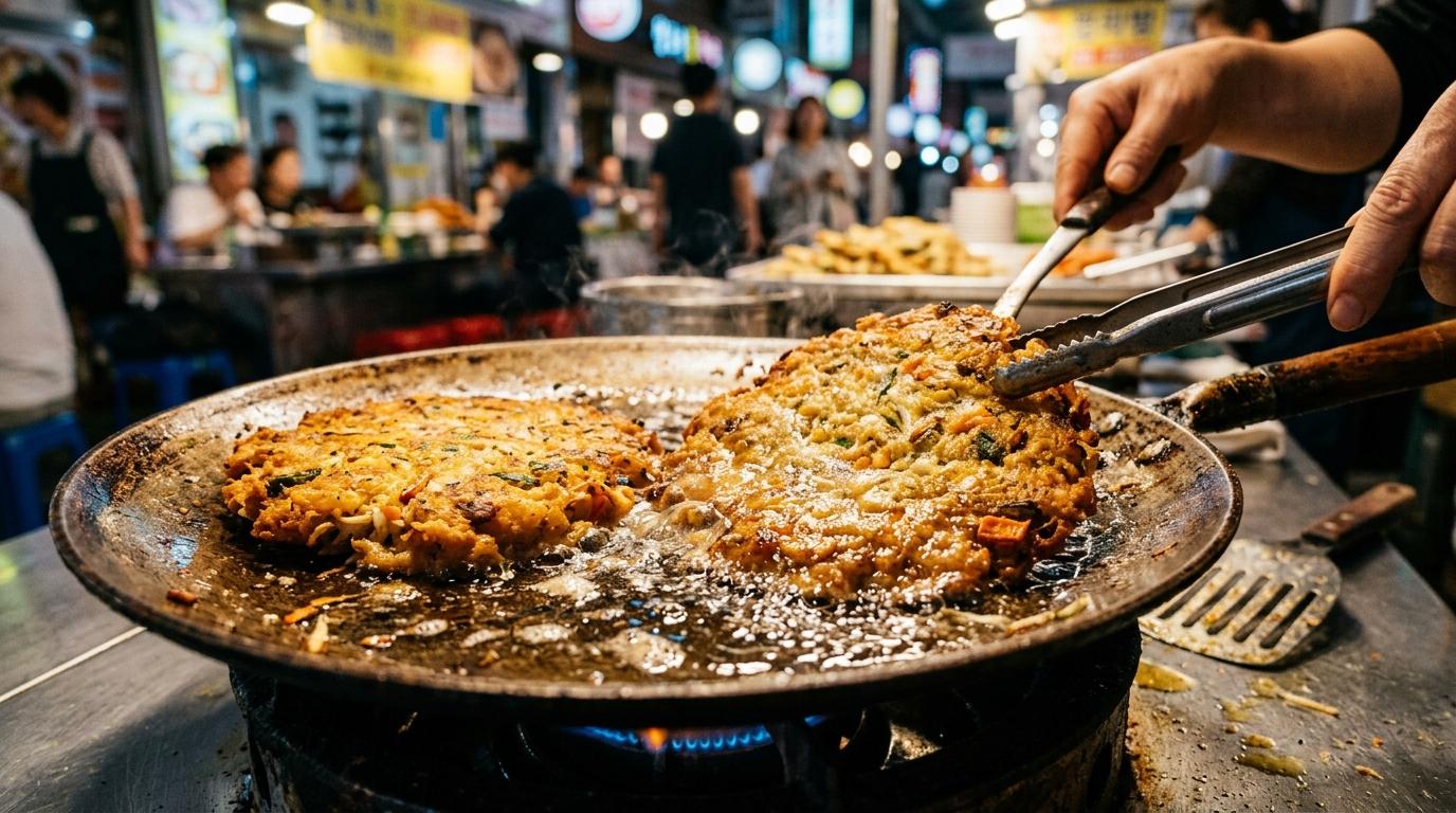 Bright vibrant photorealistic close-up of Korean mung bean pancakes frying in a market stall, golden and crispy, no visible text