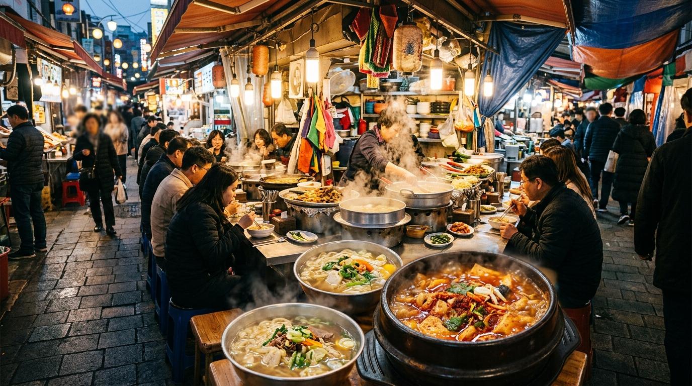Bright vibrant photorealistic Korean market food alley with steaming noodle bowls and spicy fish stew, no visible text