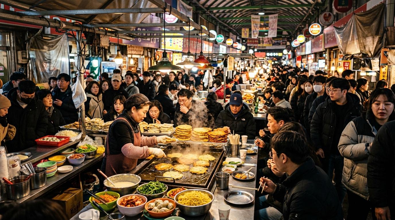 Bright vibrant photorealistic covered Seoul food market hall with sizzling pancakes, crowded counters, colorful dishes, no visible text