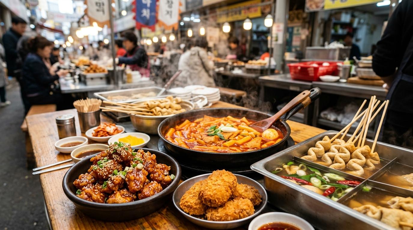 Bright vibrant photorealistic Korean market snack spread with crispy chicken bites, croquettes, tteokbokki, fish cakes, no visible text