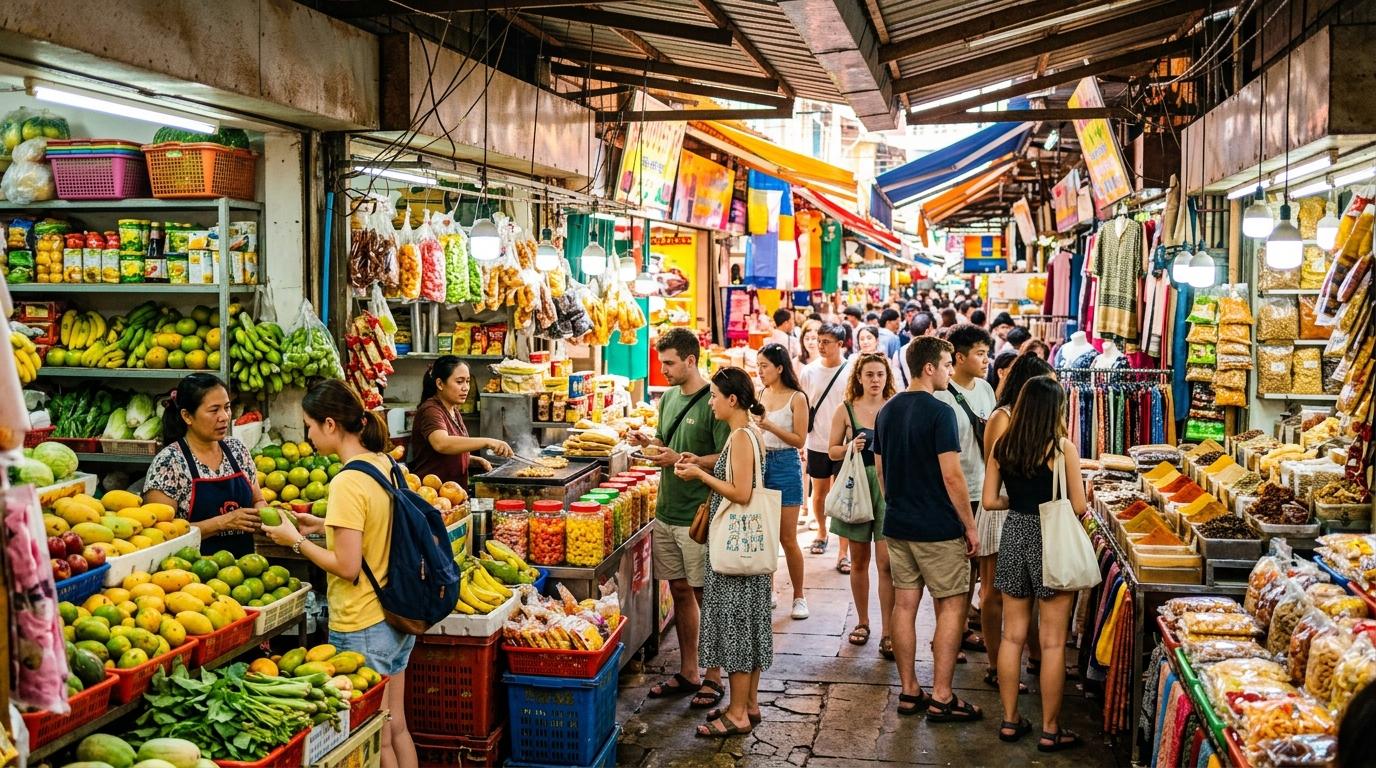 Bright vibrant photorealistic neighborhood market arcade with snack stalls, fresh groceries, young shoppers, warm daylight, no visible text